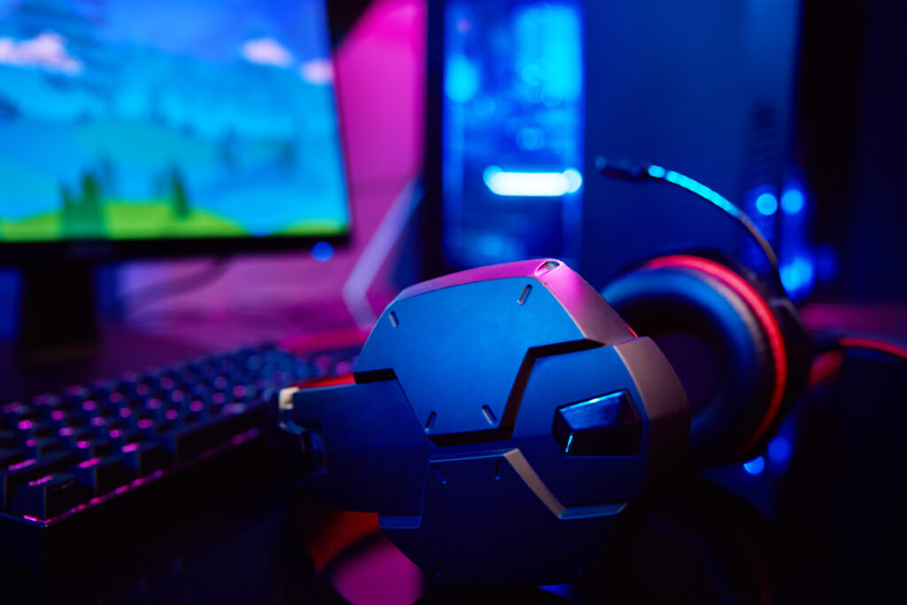 computer game workplace in dark room