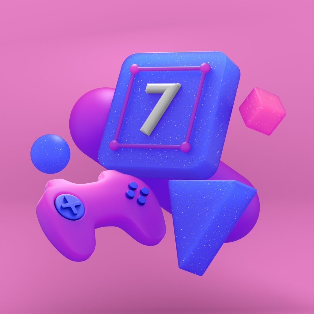 gamepad on the colorful balls on the blue background. 3d render.