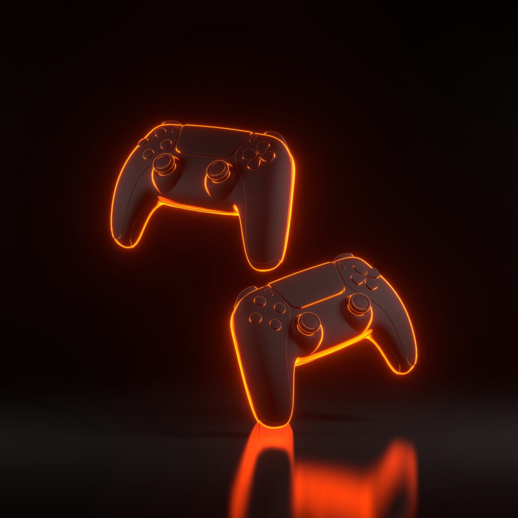 gamepad with bright glowing futuristic orange neon lights black background 3d render illustration