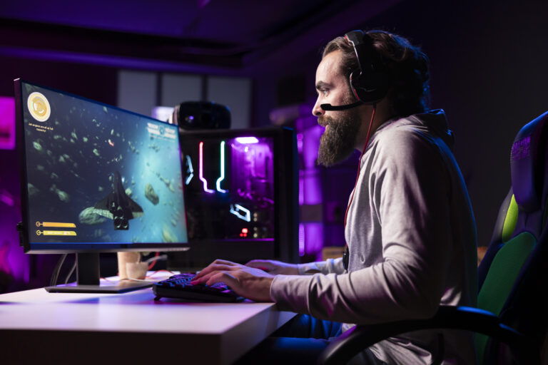 Pro gamer using PC headset to join esports competition with teammates