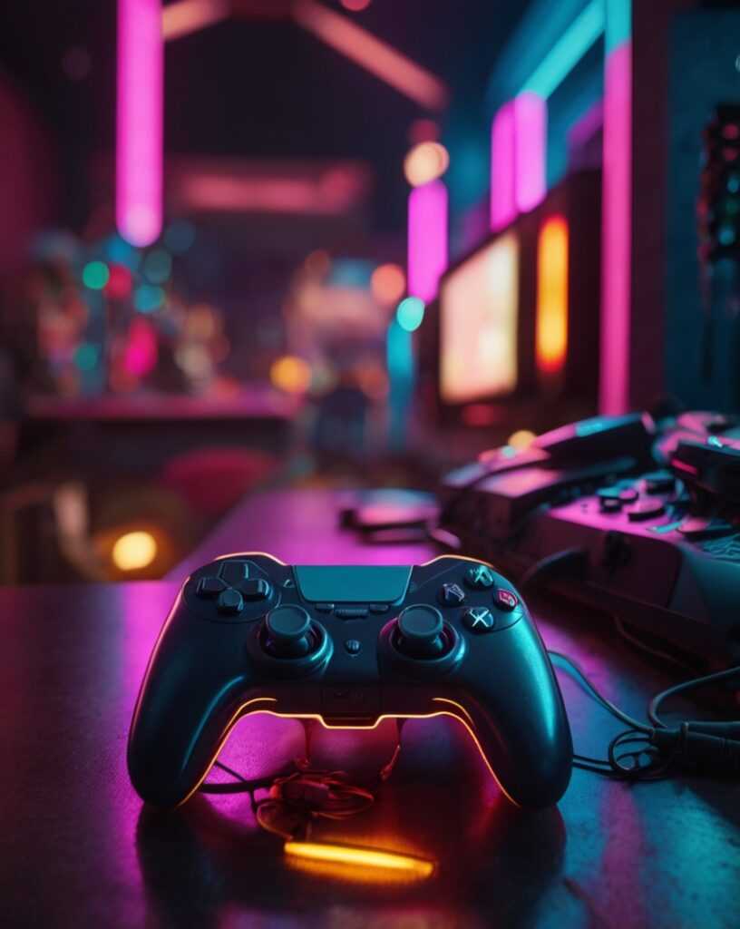 black gaming controller table with neon lights background