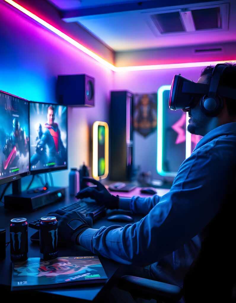 man playing a video game in vr headset.