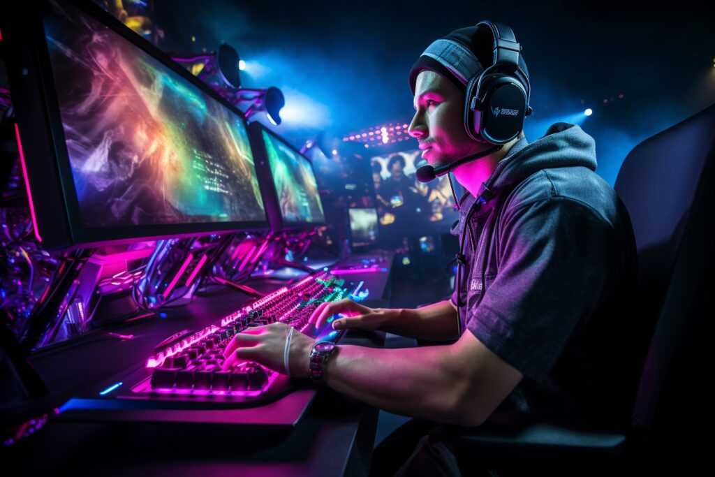 photo videogamer winning first person shooter tournament using rgb keyboard professional headphones