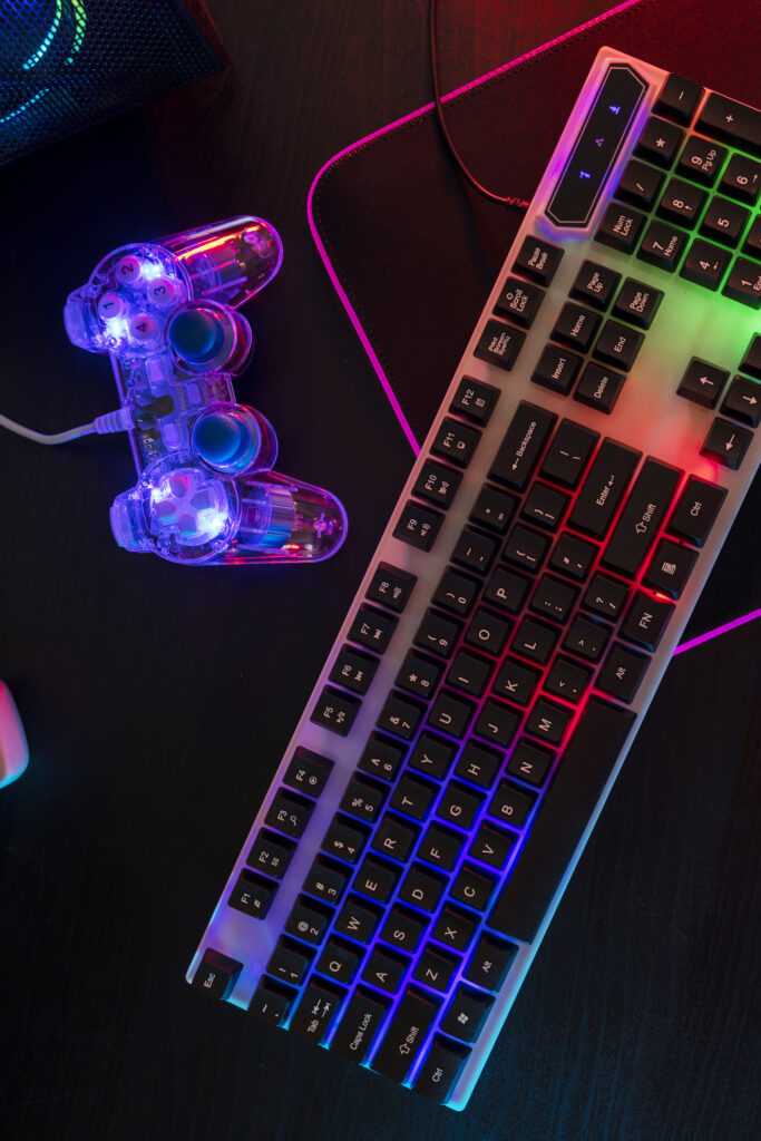 view illuminated neon gaming keyboard setup controller (1)